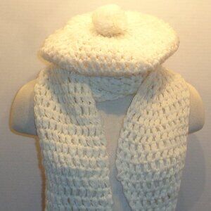 Vintage Crochet Winter Pom Pom Beanie Hat and Fringe Scarf Set